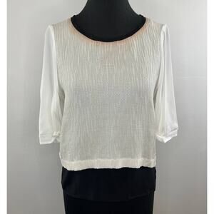 MAJE Textured White Silk & Black 3/4 Sleeve Slit Back Blouse Tunic Top 3 Large